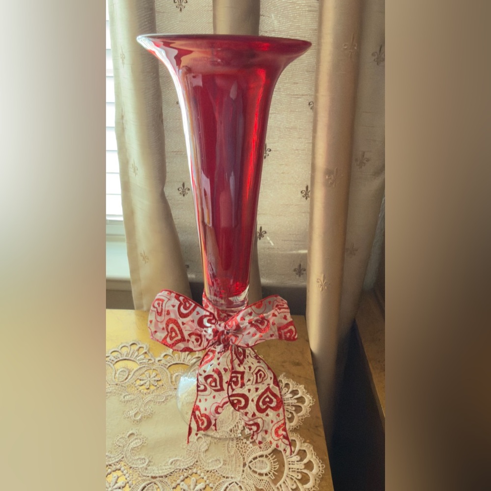 SOLD  Beautiful Ruby Red 16-1/2” Heavy Fluted Vase